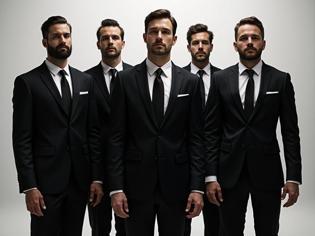 Group of suited men merging into each other. They wear black suits and ties, standing in a straight line with a neutral background. The lighting is soft and even, highlighting their attire.