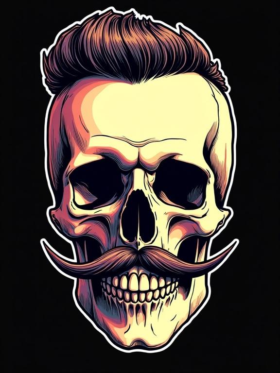Strikingly detailed pop art sticker of a skull adorned with a handlebar mustache and stylish posh undercut haircut. Solid black background.