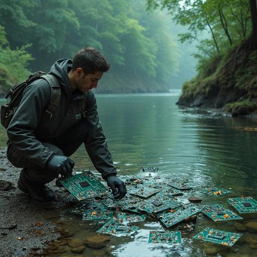 A person sorts through discarded circuit boards at a river. The river is surrounded by trees and has a misty atmosphere. The person wears gloves and is crouched down. The scene depicts the issue of e-waste in a natural setting. There are circuit boards scattered on the ground.