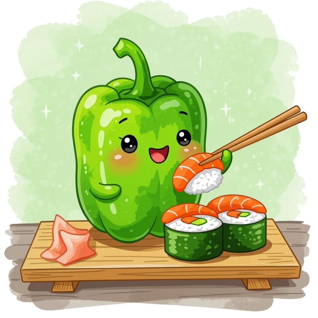 A cute green pepper character holds sushi with chopsticks. The colors are low saturation. The scene includes sushi and ginger on a wooden board.