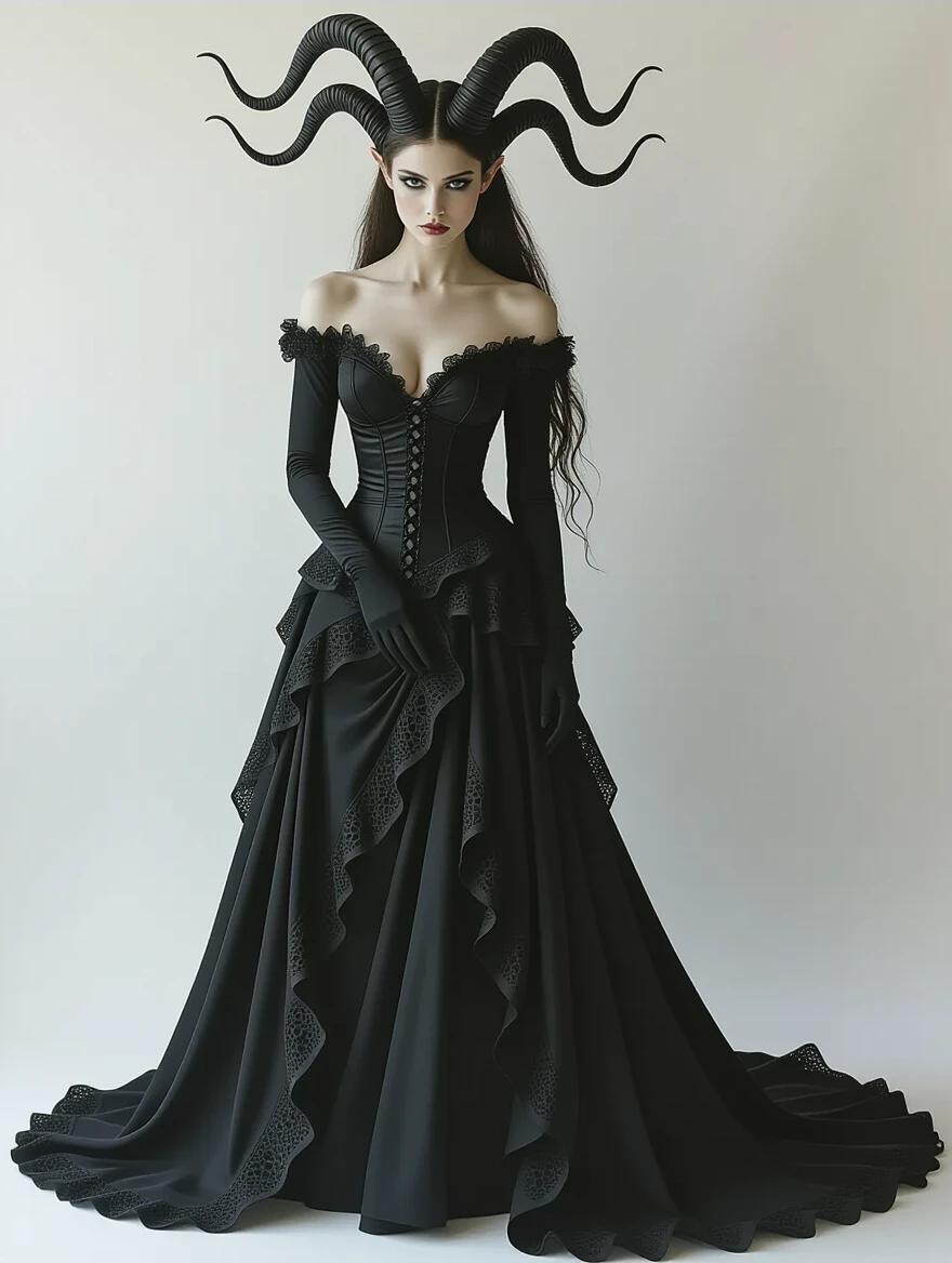 A model wearing an elegant black gown with ruffled layers and off-shoulder design. The model has dramatic horns atop her head. The scene is inspired by dark fantasy elements and high-fashion photoshoots.