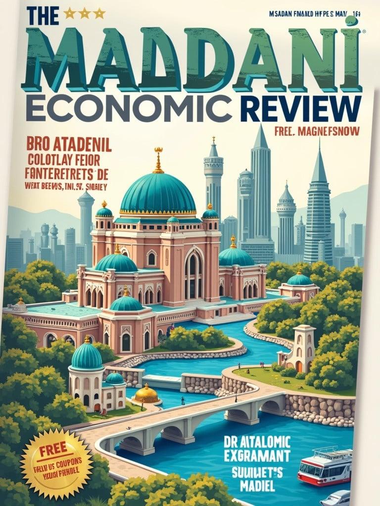 Magazine designed as THE MADANI ECONOMIC REVIEW. Title is highlighted. Features Islamic Finance Integrity message. Author is Dr. Saiful Azhar Rosly. Publication is for MADANI society knowledge sharing. Contains 100 pages of content. Focus on financial education and ESG. Premium hardcover with glossy finish. Include perforated coupon section. Features barcode and pricing details. Publisher information is included.