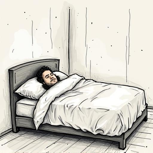 Talking bed looking exhausted and rumpled in a scribble art style. Bed has a person lying awake. Quirky representation of fatigue. Calm and simple background.