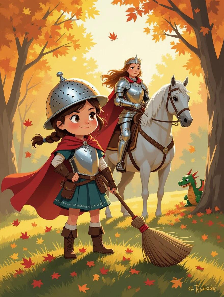 A whimsical character painting features a young girl dressed in a medieval costume with an upside-down colander for a helmet. She stands proudly atop a hill with a broomstick sword. Behind her, a regal warrior queen in armor rides a white horse. Surrounding them are swirling autumn leaves and a toy dragon peeking from behind a tree.