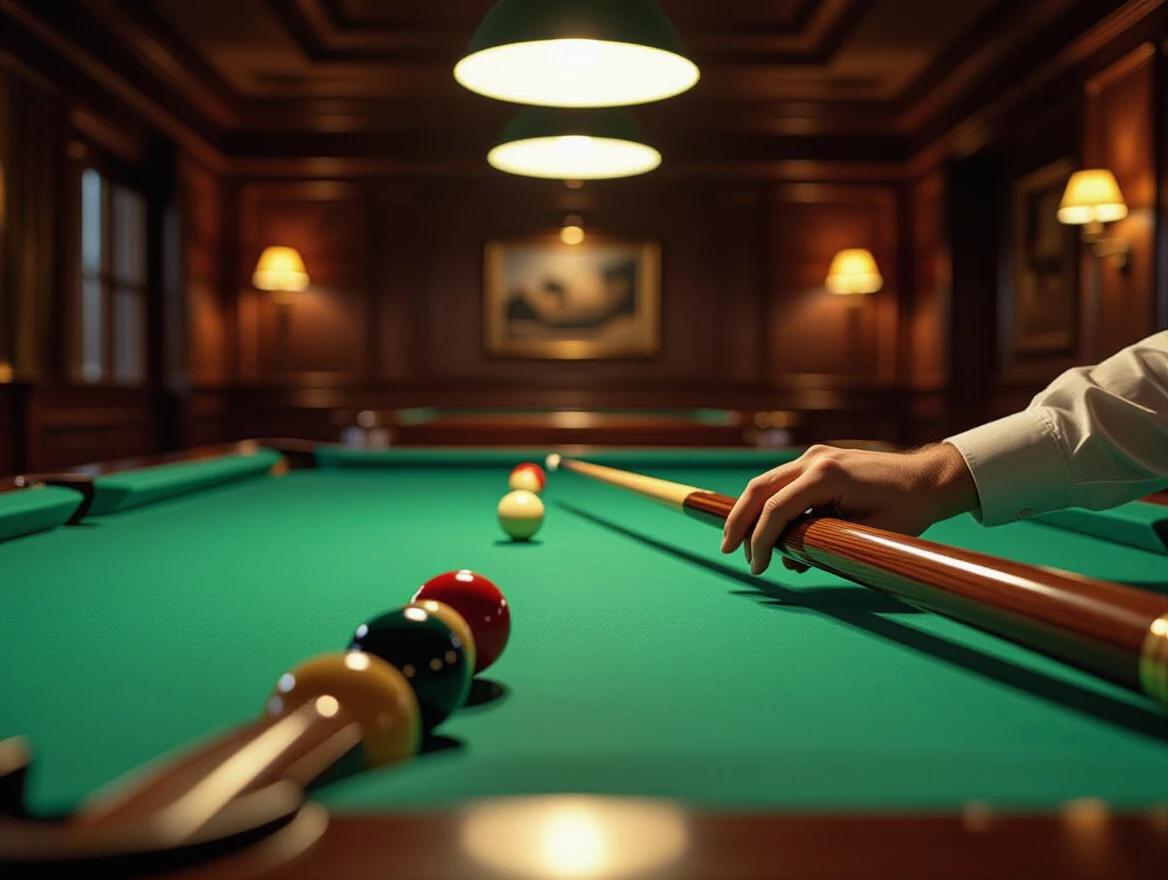 A luxurious game room filled with elegance. A hand holds a polished wooden pool cue ready to strike. The green felt pool table dominates the view, billiard balls are smoothly aligned. Warm lighting reflects off the dark wooden flooring adds a cozy feel. Subtle modern decor is visible in the background.