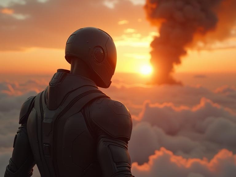 A dark cinematic scene shows a tall male figure with sleek dark armor and a small sci-fi helmet. The figure floats above clouds and looks at a bright explosion creating thick smoke. The sunset colors illuminate the scene. Textures showcase a realistic appearance.