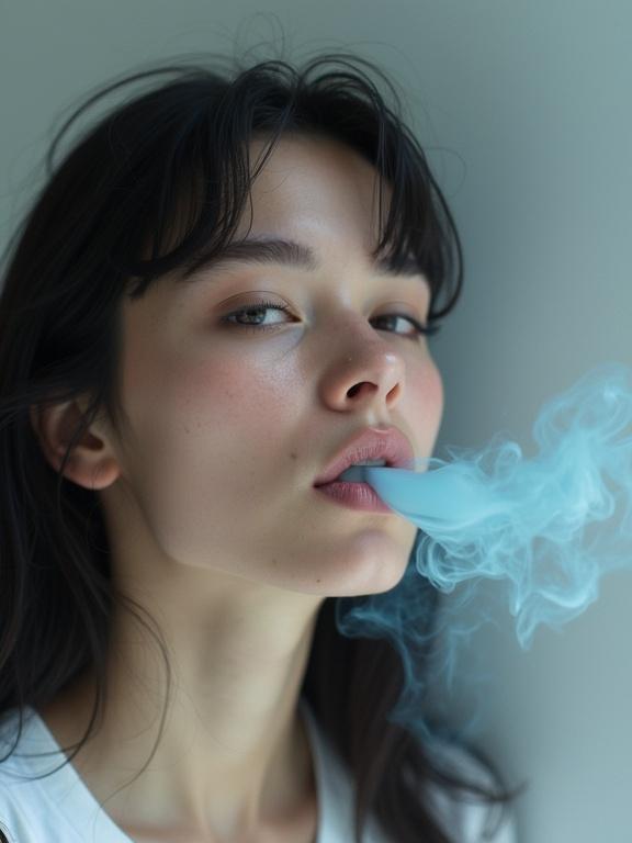 Close-up image of a young woman. Pale blue smoke curls from her lips. Background is stark white. Soft lighting creates gentle shadows. Dark hair contrasts with white surroundings. Captures a moment of solitude.