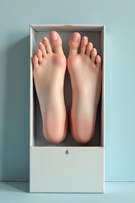 Realistic female feet are positioned inside a white box. The feet are well-groomed featuring painted toenails. The background color is soft pastel blue.