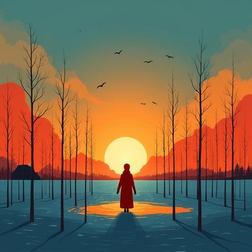 A minimalist landscape under a vibrant sunset sky. A lone figure in red holds a light surrounded by bare trees. The ground is blue, possibly snow, and a distant landscape includes trees and a barn. Several birds fly in the sky.