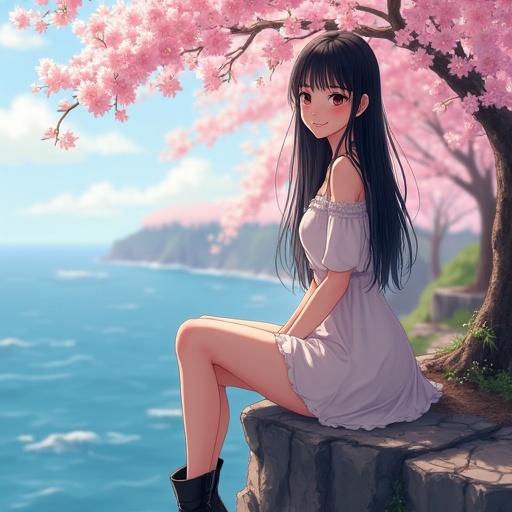 Attractive young Japanese woman with long black hair is sitting on a cliff. She is dressed in a minidress and ankle boots. The scene features blooming cherry blossoms and a view of the sea. She is smiling and looking at the viewer.