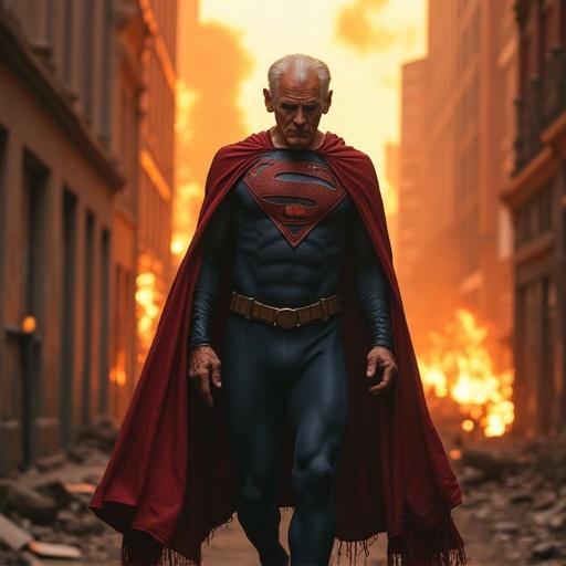 A photo realistic image of an old superhero with a walking frame walking away from a burning building. The scene conveys emotions of defeat and resilience.