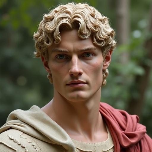 A blonde Roman emperor with mid-length hair. Smooth jaw and shaven face. Chiseled features reminiscent of neoclassical artwork. Torso visible in an outdoor setting. Human skin, grey/green eyes.