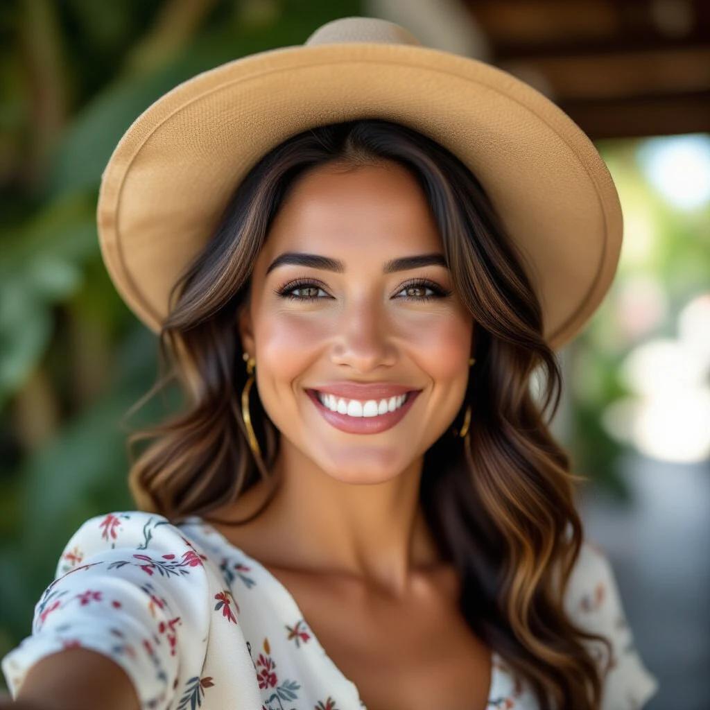 Confident Mexican woman smiling in a selfie. Wearing a stylish hat and floral outfit. Natural lighting enhances her joyful expression.