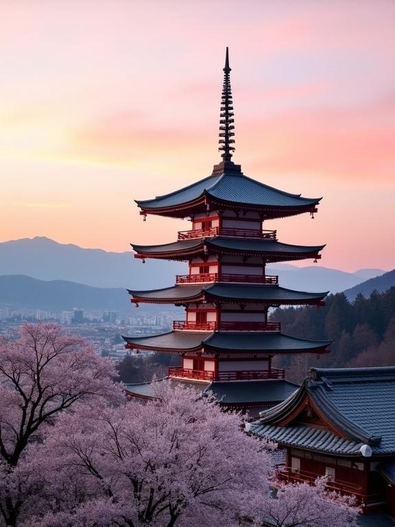 Photograph captures a traditional Japanese pagoda with multiple tiered roofs and a black spire. The structure has red and white accents. Located in a forested area with blooming cherry blossom trees. Soft pastel pink and orange sky at sunset. Mountains are visible in the background. The pagoda is slightly right of center. Lower right corner shows part of another traditional Japanese building with a grey roof. The foreground features trees with pink blossoms. The image conveys a serene and peaceful atmosphere. Natural light enhances the tranquil scene. The focus is on the pagoda with a slightly blurred background. The composition is horizontal, showcasing detailed textures of roofs and trees.