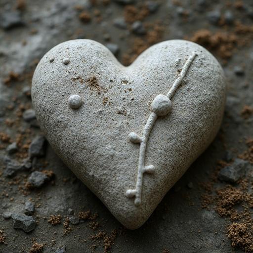 A heart-shaped stone resting on a textured surface. Natural elements surrounding stone. A blend of soft colors and subtle textures.