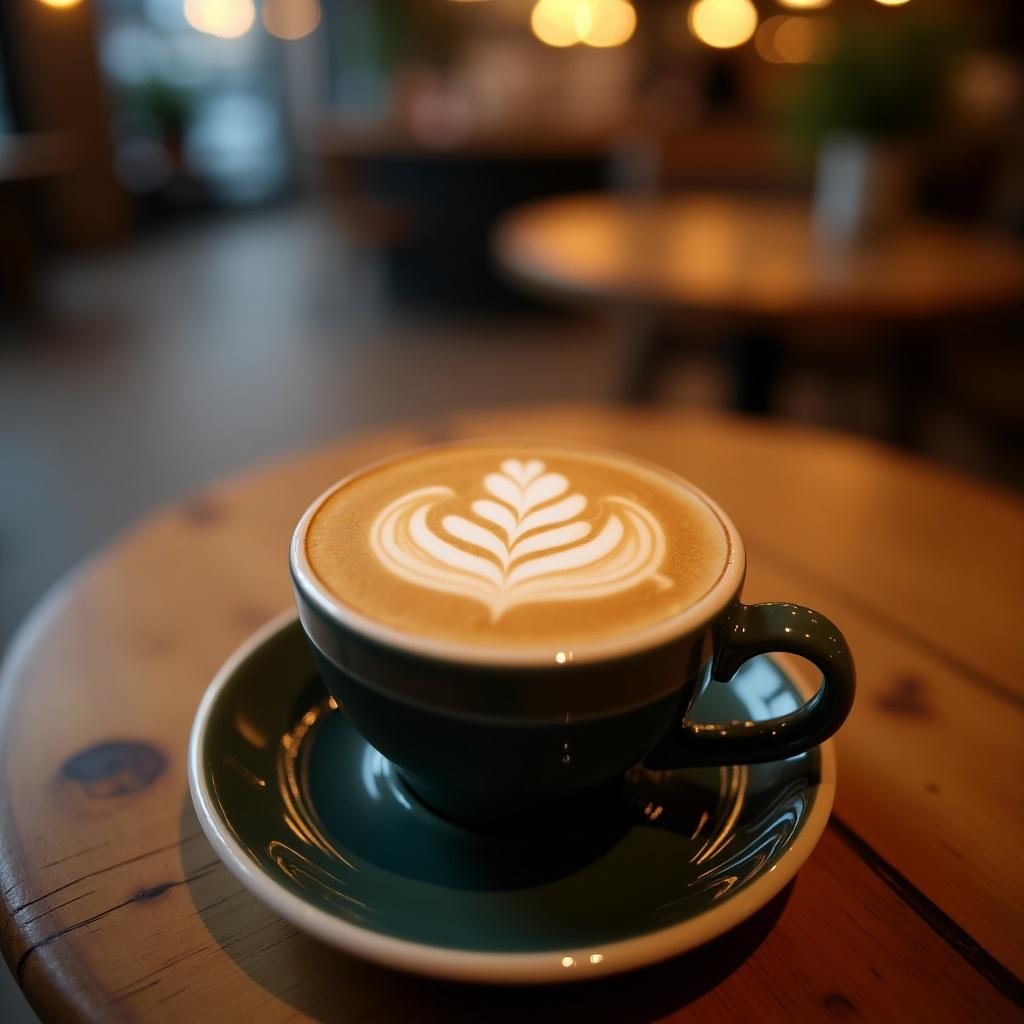 This image showcases a beautifully crafted latte in a green cup placed on a wooden table. The latte features intricate leaf-shaped latte art on its surface, emphasizing the craftsmanship of the barista. The background is softly blurred with warm lighting, creating a cozy atmosphere typical of a café setting. There are hints of furniture in the blur, hinting at a relaxed dining experience. This photo captures the essence of enjoying a warm coffee in a café, making it perfect for coffee enthusiasts and food bloggers.