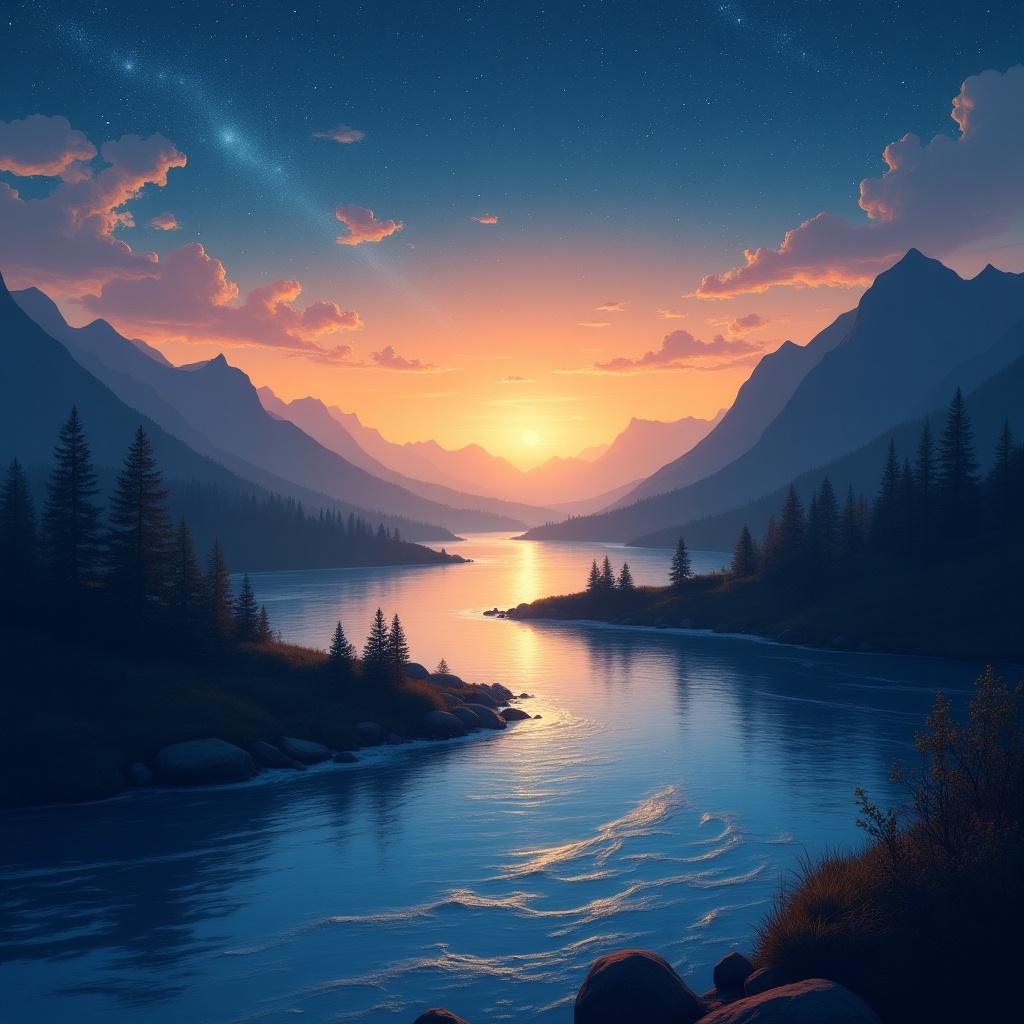 Landscape features sunrise, flowing river, mountains, and starry sky. Calm and tranquil atmosphere. Beautiful natural scenery.