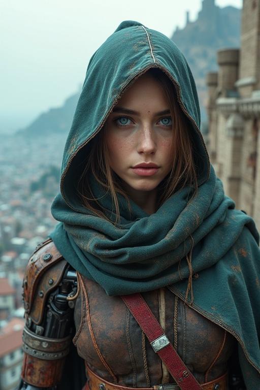 A young woman with bright blue eyes has a robotic arm. She wears a bloodied dieselpunk tactical robe with a hood. She is atop a tall crenellated tower overlooking a city. The background features a mountain with a fortress.