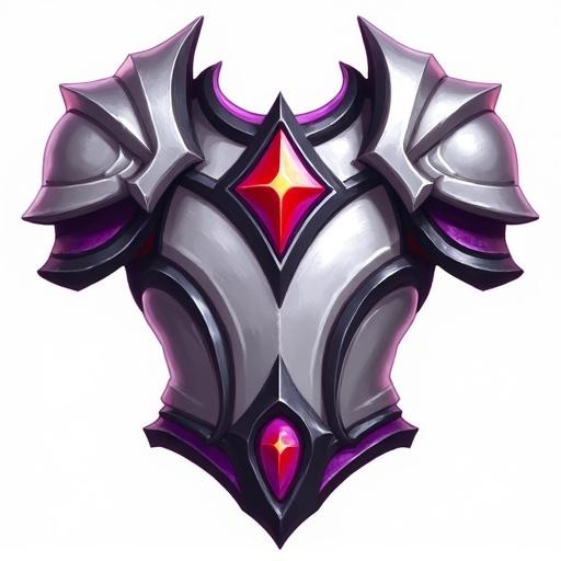 Icon of a legendary breastplate for a card game in silver and white with purple, black, and red accents. Designed in World of Warcraft style with a transparent background. Size 48 x 48 pixels.