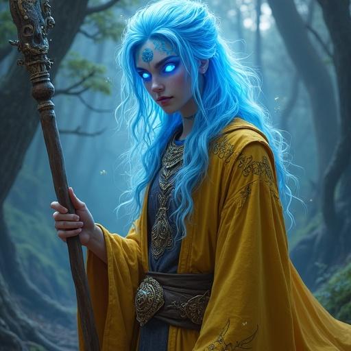 Fantasy character portrait of a D&D Aasimar Warlock. Character has glowing blue hair and eyes. Wears a yellow robe and holds a wooden staff. Features skin armor with intricate magical runes. Surrounded by a mystical forest at dusk. Dramatic lighting creates an aura of light.