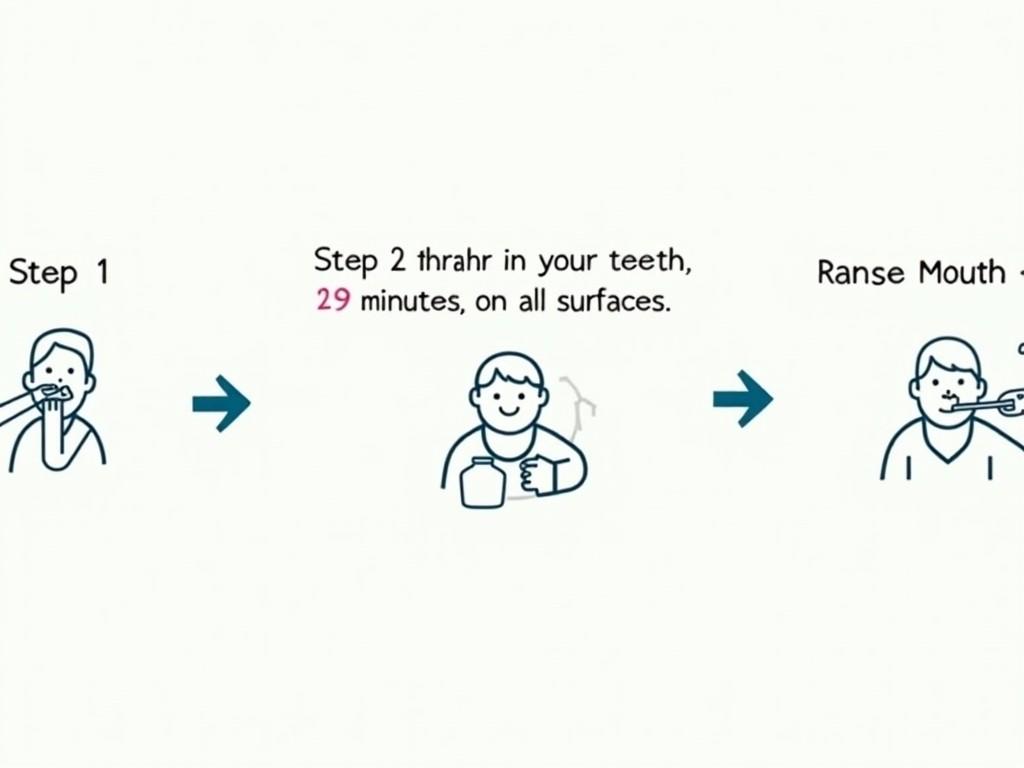 This image illustrates a step-by-step process for dental hygiene. Step 1 shows a person brushing their teeth. Step 2 highlights the importance of thoroughness, suggesting to brush for 29 minutes on all surfaces. The final step encourages rinsing the mouth. The design uses clear and simple graphics to convey the information effectively. The use of arrows suggests a flow in the instructions and enhances user understanding.