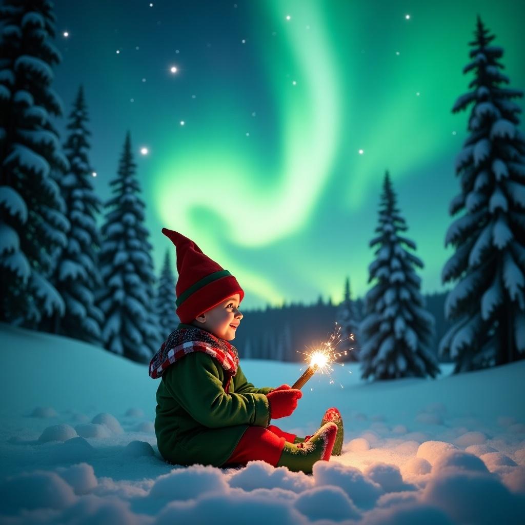 The image showcases a child dressed as an elf, sitting in a snowy landscape under a stunning display of northern lights. The child holds a wand-like object that emits a soft light. The trees around are covered in snow, creating a serene winter atmosphere. The sky is an enchanting mix of greens, blues, and stars, evoking a sense of magic and wonder. The scene captures the essence of holiday joy, suggesting a connection to the popular Elf on the Shelf tradition.