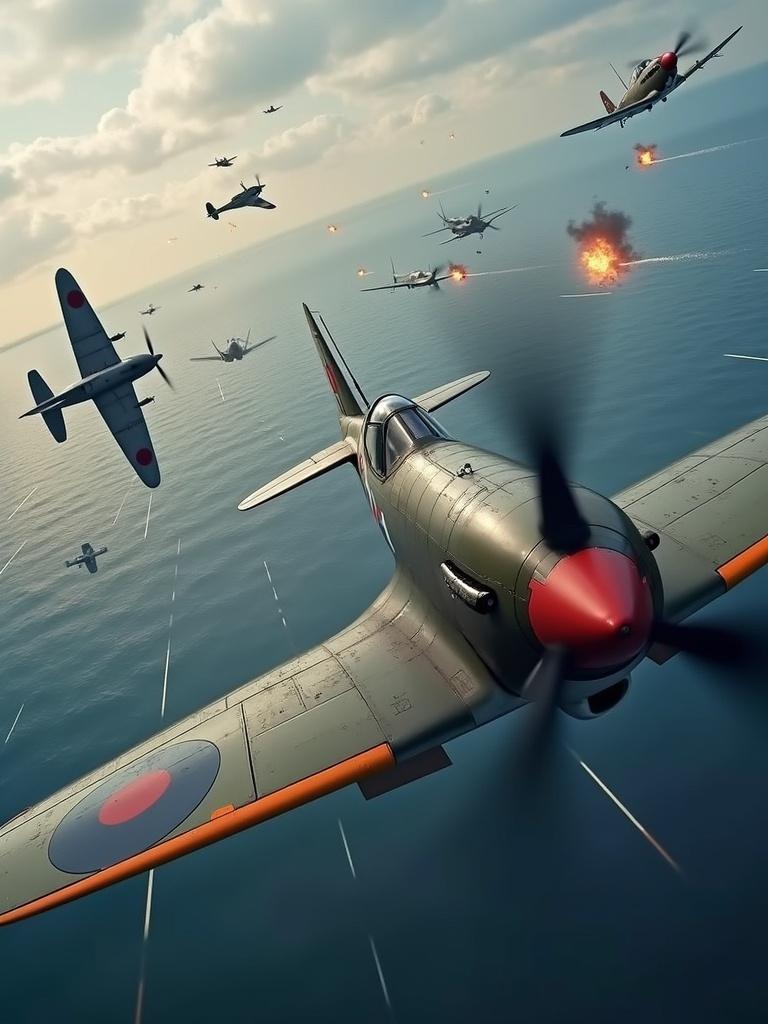 Aerial dogfight involving British Spitfire planes and German aircraft over the English Channel. Combat features tracer fire and explosions. The scene shows planes engaging each other while flying. Camera follows the action closely.