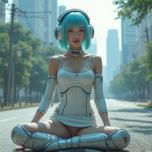Pretty young woman with light blue bob hair sitting on street. She wears a futuristic sleeveless dress and a headset. Background shows a park in suburb of Tokyo with a spaceship landing.