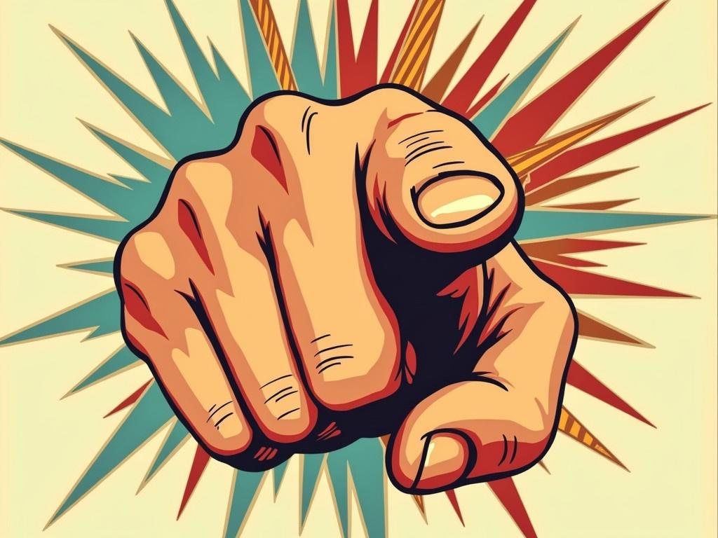 A vintage pop art style illustration of a hand pointing directly at the viewer. The hand is depicted in warm, natural skin tones with visible details like fingernails and knuckles. Behind the hand, there is a burst of colorful rays, adding a dynamic and eye-catching effect. The overall composition is playful and bold, capturing the essence of classic pop art design. The background is simple, allowing the hand to be the focal point of the image.