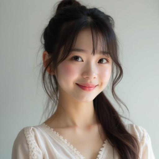 Beautiful Japanese girl with a ponytail smiling. She has very fair skin. Age 23. Looking directly at the camera.