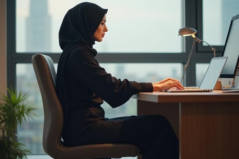 Adult hijabi woman from UAE working in an office. She is sitting with legs crossed and barefoot under the desk. High resolution and detail are observed. Image captured from the side perspective of the office setting.