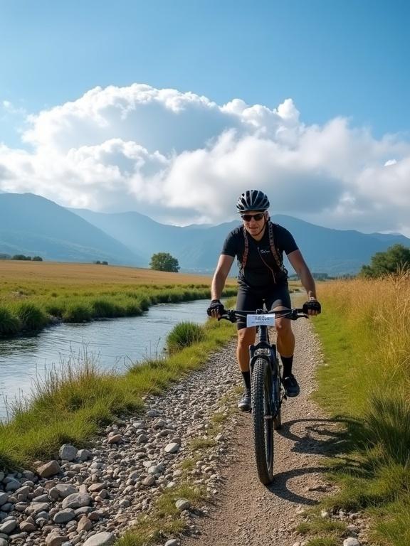 XCM MTB biker rides near the river. Stones, field, green grass, clouds, blue sky and small rocks are present.