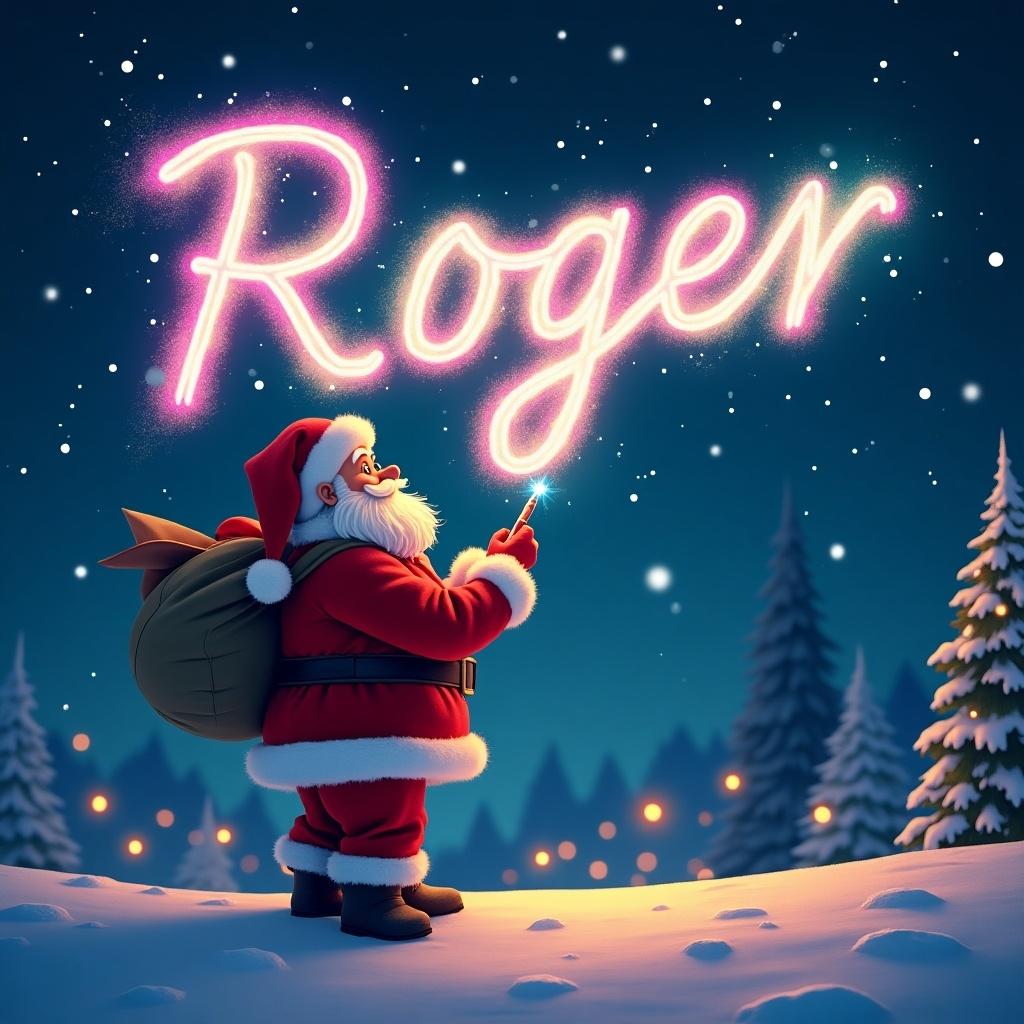 Santa Claus writes the name Roger in colorful glow letters in the night sky. Santa looks up at the shining name with a sack on his back. Winter scenery with snow-covered trees and a festive atmosphere.