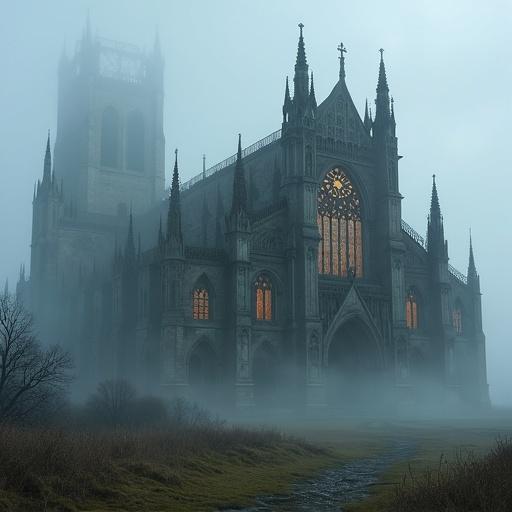 A Gothic cathedral in fog on a moor. Features flying buttresses and intricate windows. Illuminated stained glass glows under a gray sky. The scene is detailed in a Medieval Gothic style with prominent gray and violet tones.