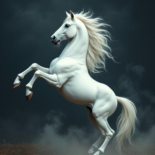 Majestic white horse rearing up against dark swirling background