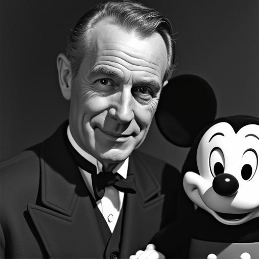Full realistic image of a person wearing a tuxedo holding a vintage cartoon character resembling a mouse. Classic portrait style photography.