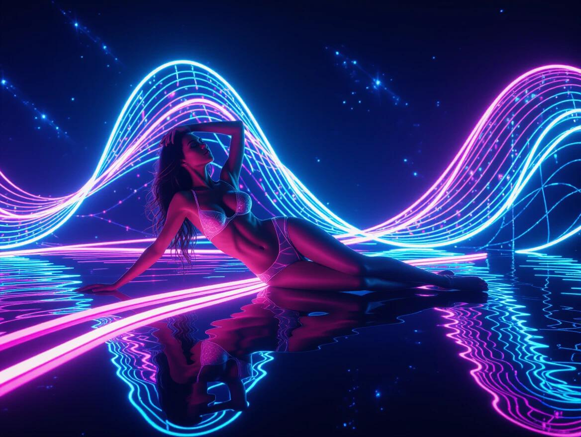 3d representation of a nude figure surrounded by glowing ribbon-like neon lights. The figure lays over a reflective black surface. The scene has a surreal and cosmic energy with an emphasis on photorealistic detail and cinematic lighting.