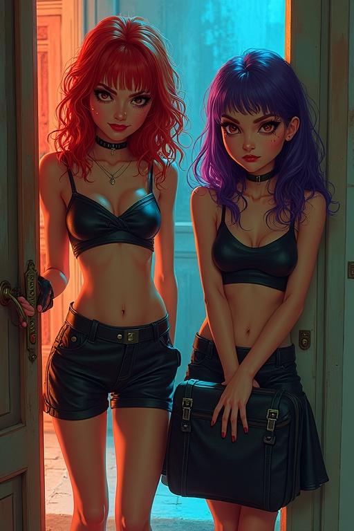 Two girls enter a room wearing leather outfits. One has red hair and an eyebrow piercing. The other has purple hair and holds a black case. They have mischievous expressions.