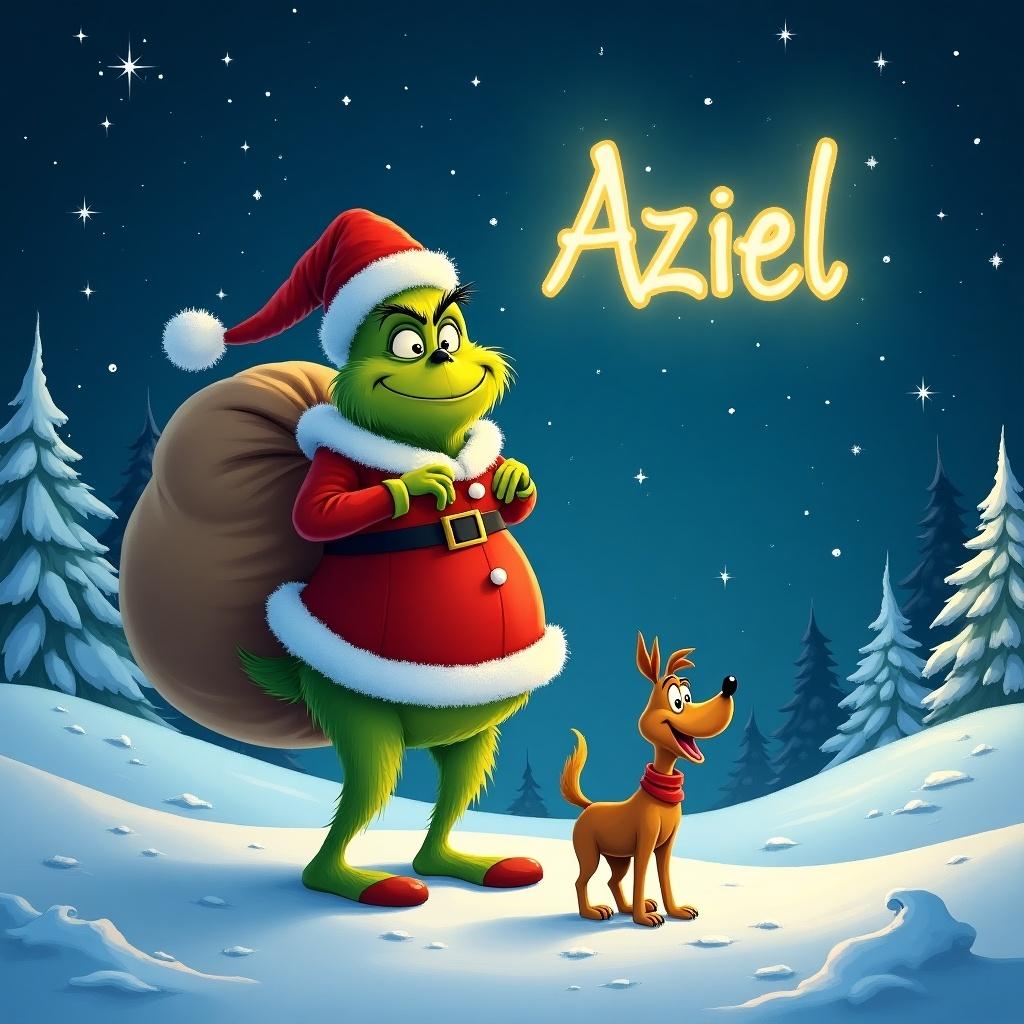 Charming snowy landscape with vibrant Grinch wearing Santa outfit. Grinch carries a large sack. Joyful dog named Max beside him. Night sky with twinkling stars. The word 'Aziel' glowing above.