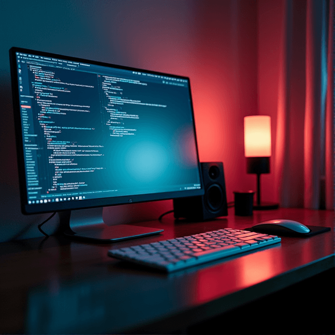 A computer screen displaying code, with a keyboard, mouse, and a warm lamp on a desk.