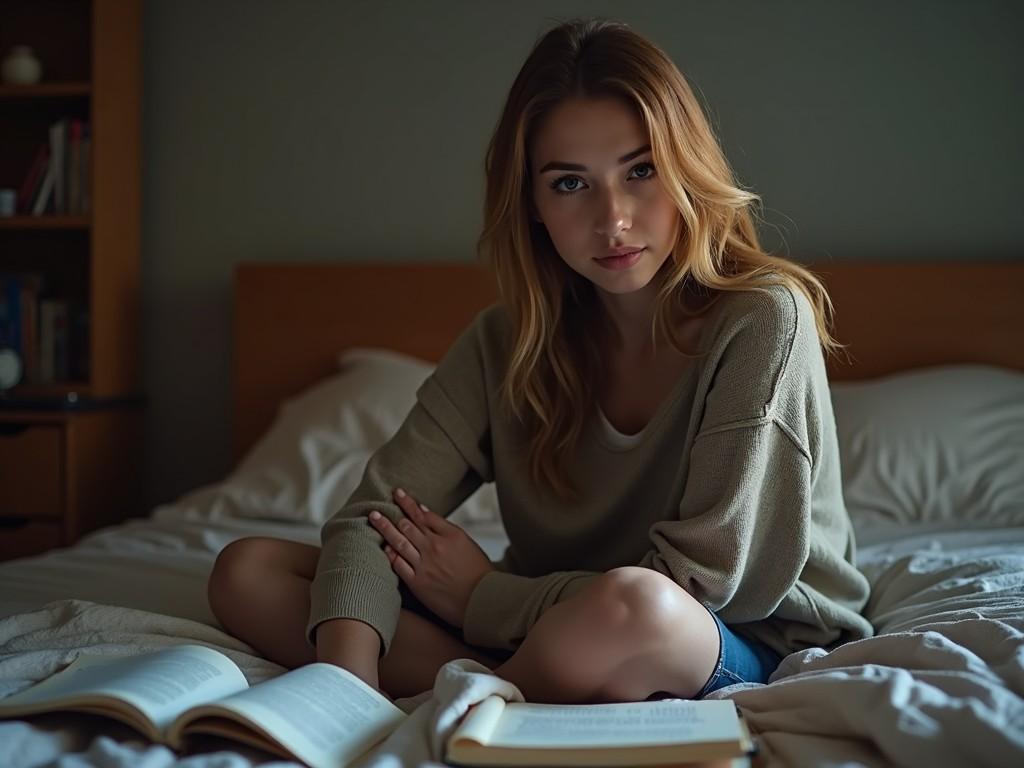 The image showcases a young woman sitting on her bed, surrounded by open textbooks and notebooks. She appears thoughtful and engaged in her reading material. The soft, dim lighting creates a warm and cozy atmosphere in the room. The focus is on her serene expression, reflecting contemplation. The setting hints at a quiet study time, perfect for an intimate study session or reflective moment.