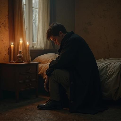 Mood setting in a dimly lit 19th-century Russian room. Man sits hunched over, looks anxious and sad. Candlelight flickering on a table. Rain tapping on a fogged window. Tense atmosphere fills the room. Old clothes reflect the period.