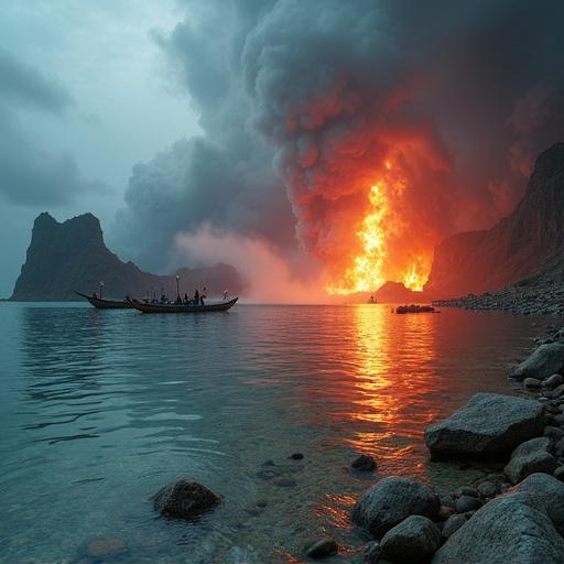 Volcanic eruption occurs near a calm lake. Orange flames shoot up into dark clouds. Boat with people is visible on the lake. Rocky cliffs surround the area. Image captures the contrast between the peaceful water and the fiery explosion.