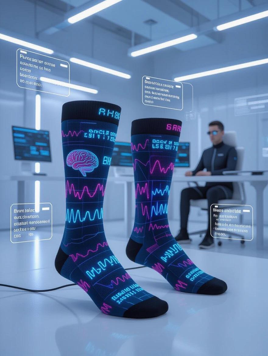 Photograph of AI-powered ankle socks shows real-time emotional and thought data. Socks display brainwave patterns and emotional graphs through LED lights. Wearer in a sterile tech facility surrounded by monitoring equipment. Digital displays showcase intimate psychological data. Cold LED lighting and surveillance camera aesthetic emphasize dystopian atmosphere. Technology highlights anxiety about privacy and emotional harvesting.