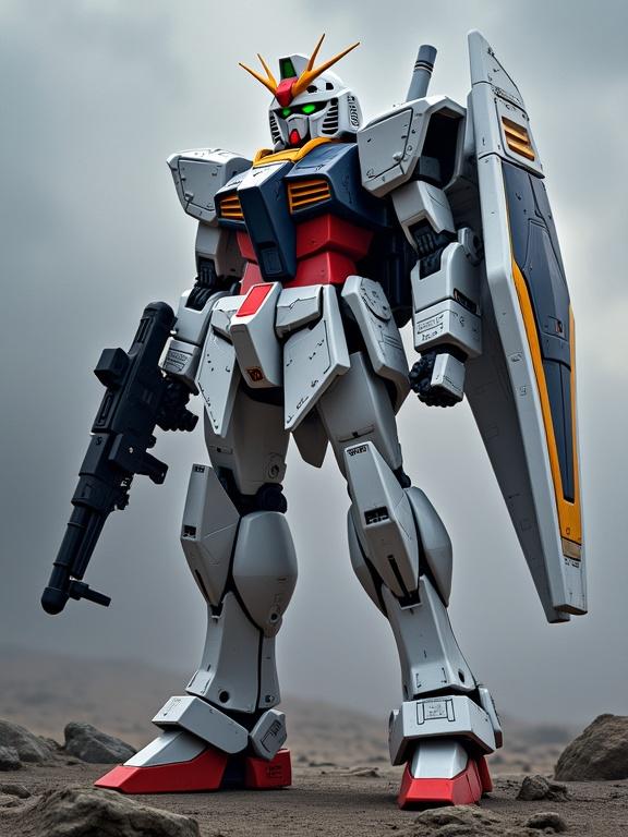 Sleek aerodynamic gundam depicted standing on rocky terrain with a dramatic sky in background.