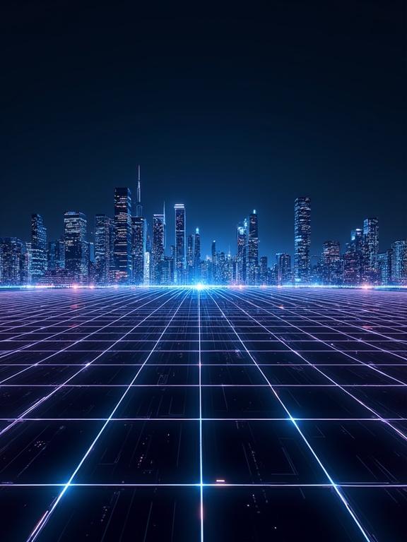 High-tech skyline features glowing grid lines in a vast urban landscape. Architectural wireframe style with neon accents. Mood represents technological advancements and a utopian vision. Composition is a wide-angle horizon with layered depth and vanishing points.