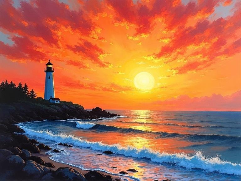 Alcohol ink painting depicting ocean shoreline with lighthouse on peninsula during a majestic sunset with orange red and yellow shades