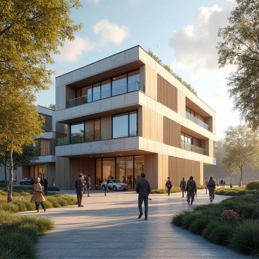 Architectural visualization of a modern building with people in an urban setting. The scene is set in the afternoon with realistic lighting. The composition follows the rule of thirds, focusing on the architecture and the people.