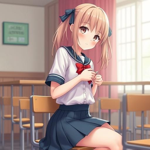 Anime girl sitting on a school chair in a classroom. She is wearing a school uniform and has a pleasant expression. The room is well-lit, showing a friendly study environment.