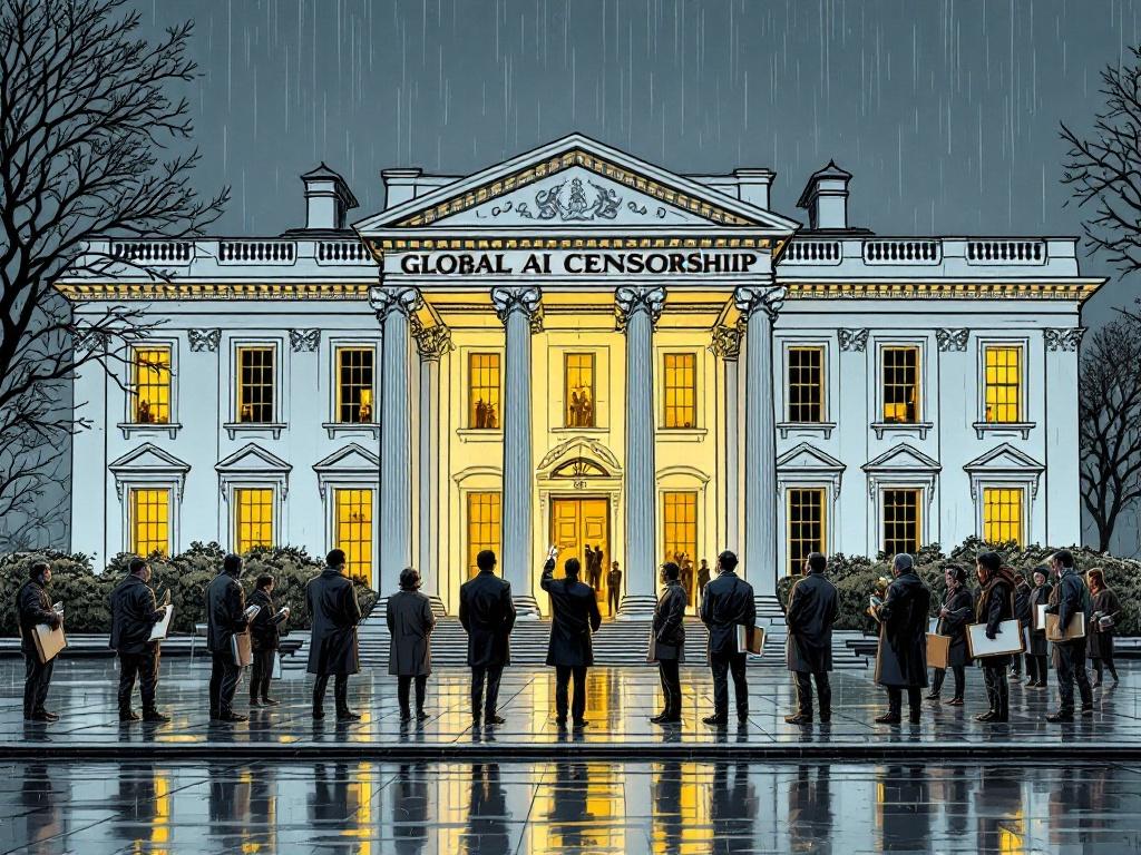 A cartoon in landscape format shows a neoclassical marble building resembling the White House with the label 'GLOBAL AI CENSORSHIP'. Golden doors open to reveal well-dressed men inside cheering with champagne. Outside, artists and writers in dark coats stand in a line holding canvases and notebooks. Rain falls creating a somber atmosphere with reflections on the pavement. Focus on the contrast between the luxury inside and the exclusion outside.